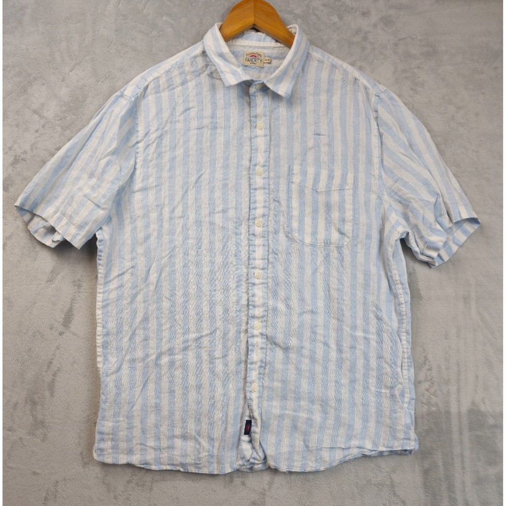 Faherty Button Down Shirt Mens XL Linen Blue White Stripe Casual Coastal Beach